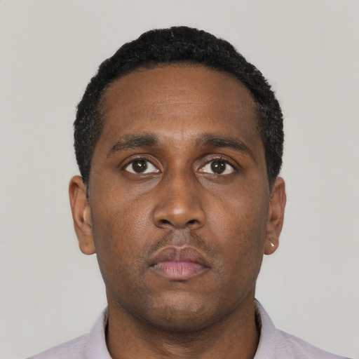 Neutral black young-adult male with short  black hair and brown eyes