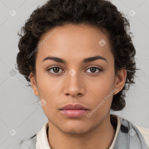 Neutral white young-adult female with short  brown hair and brown eyes