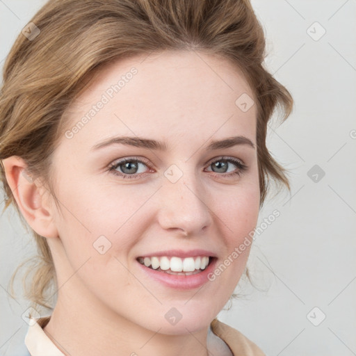 Joyful white young-adult female with medium  brown hair and blue eyes