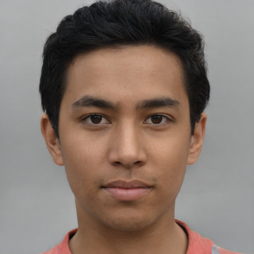Neutral asian young-adult male with short  black hair and brown eyes