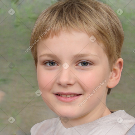 Joyful white child female with short  brown hair and brown eyes