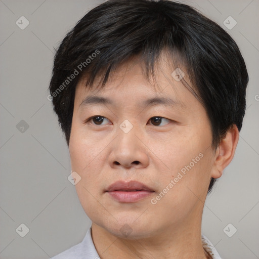 Neutral asian adult male with short  brown hair and brown eyes