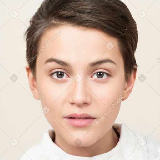 Neutral white young-adult female with short  brown hair and brown eyes