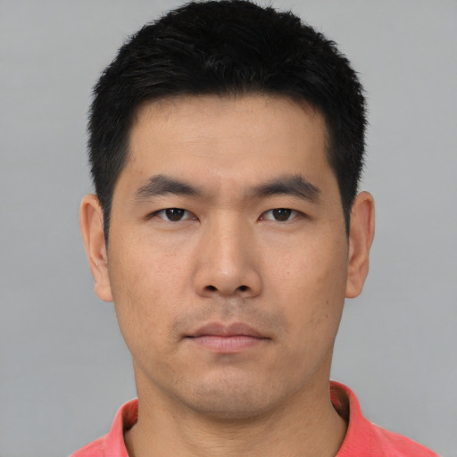 Neutral asian young-adult male with short  black hair and brown eyes
