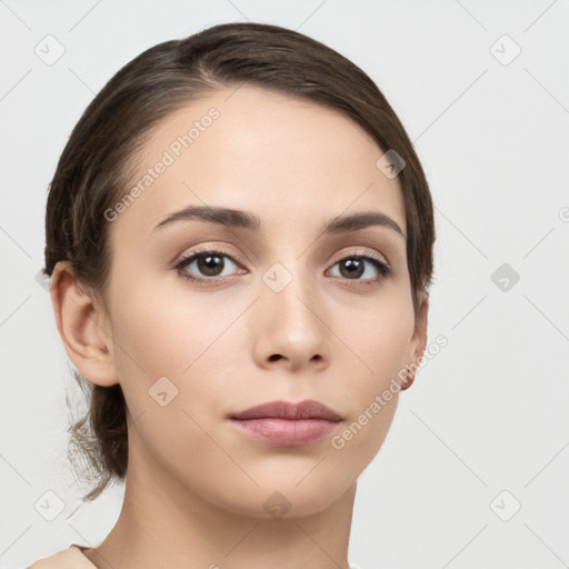 Neutral white young-adult female with medium  brown hair and brown eyes