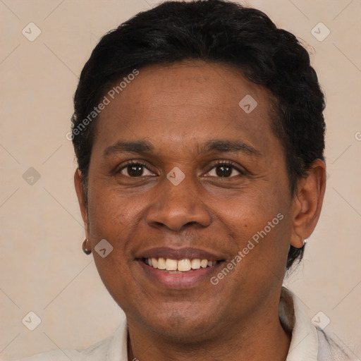 Joyful black adult male with short  black hair and brown eyes