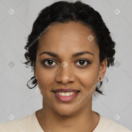 Joyful latino young-adult female with short  black hair and brown eyes