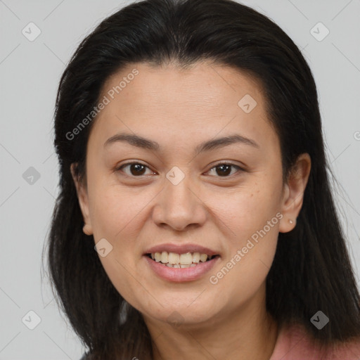 Joyful white young-adult female with long  brown hair and brown eyes