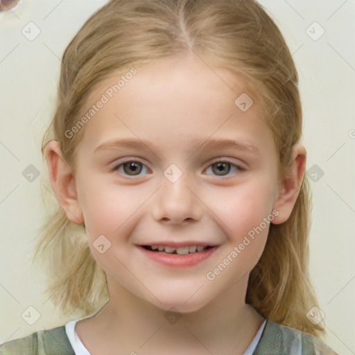 Joyful white child female with medium  brown hair and grey eyes