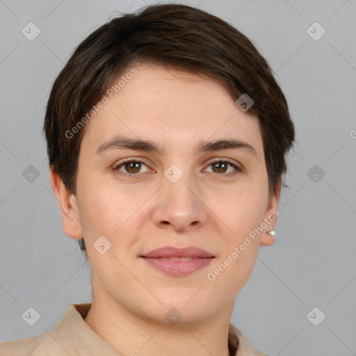 Joyful white young-adult female with short  brown hair and brown eyes