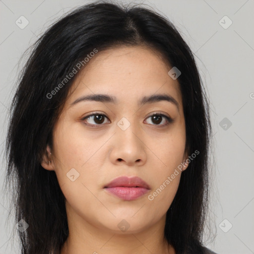 Neutral asian young-adult female with long  brown hair and brown eyes