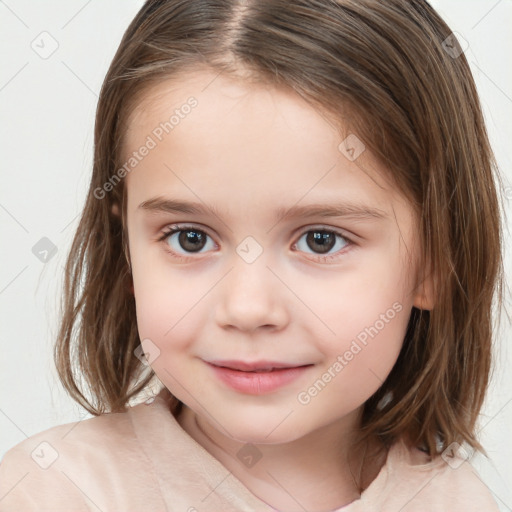 Joyful white child female with medium  brown hair and brown eyes