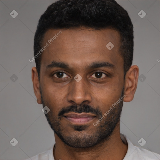 Neutral black young-adult male with short  black hair and brown eyes