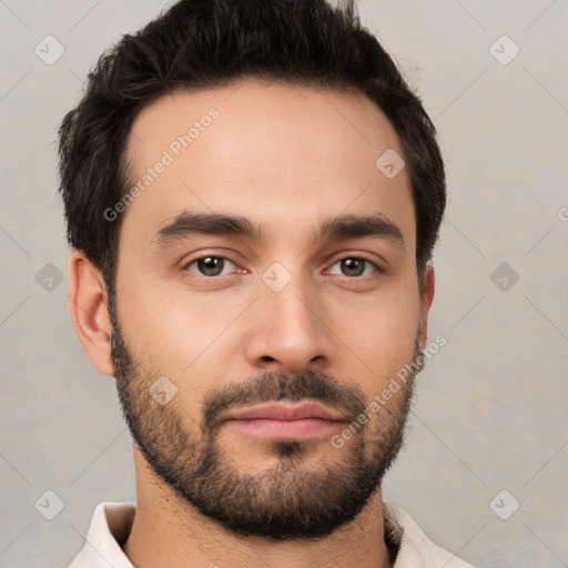 Neutral white young-adult male with short  brown hair and brown eyes