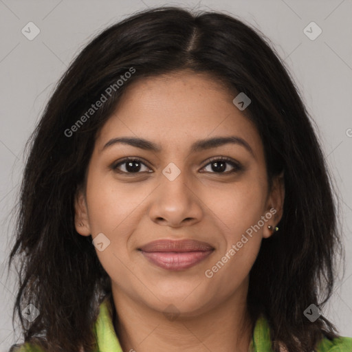 Joyful latino young-adult female with medium  brown hair and brown eyes