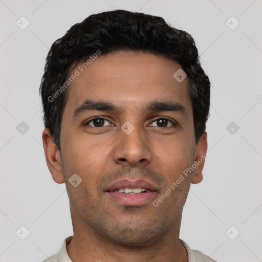Neutral latino young-adult male with short  black hair and brown eyes