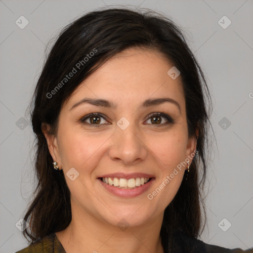 Joyful white young-adult female with medium  brown hair and brown eyes