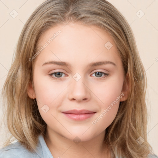 Joyful white child female with medium  brown hair and grey eyes