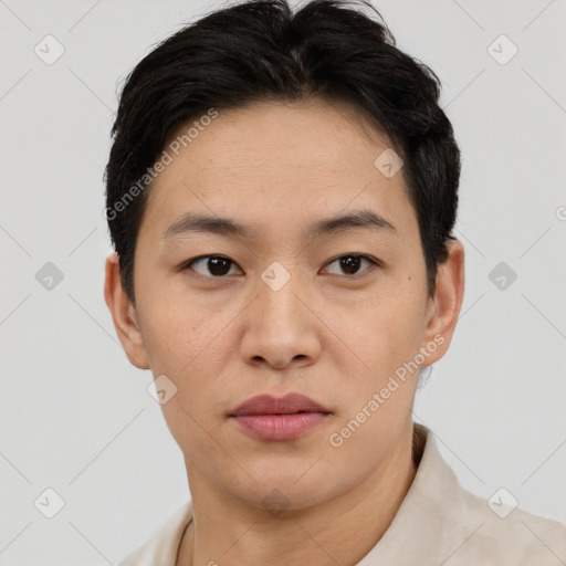 Neutral asian young-adult male with short  black hair and brown eyes