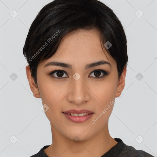 Joyful asian young-adult female with short  brown hair and brown eyes