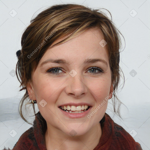 Joyful white young-adult female with medium  brown hair and blue eyes