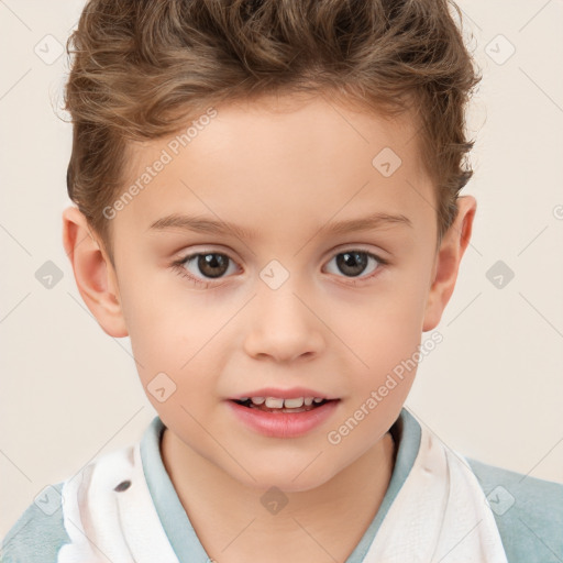 Joyful white child male with short  brown hair and brown eyes