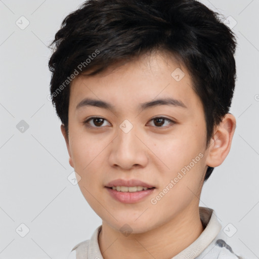 Joyful asian young-adult female with short  brown hair and brown eyes