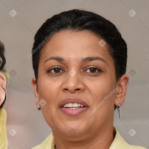 Joyful white adult female with short  brown hair and brown eyes