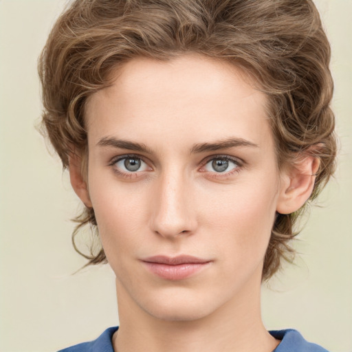 Neutral white young-adult female with medium  brown hair and green eyes