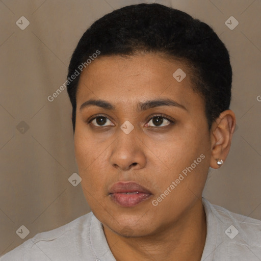 Neutral black young-adult female with short  black hair and brown eyes