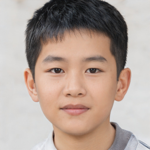 Joyful asian child male with short  brown hair and brown eyes