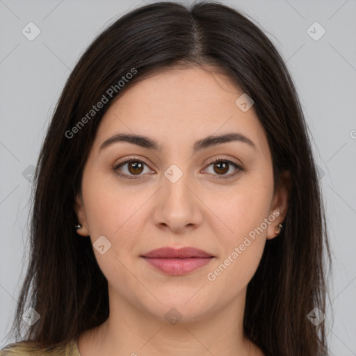 Joyful white young-adult female with long  brown hair and brown eyes