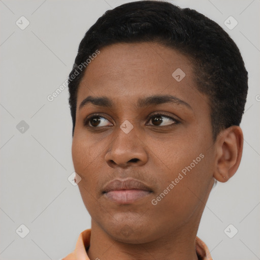 Neutral black young-adult female with short  black hair and brown eyes