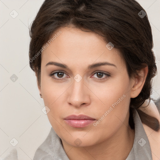 Neutral white young-adult female with short  brown hair and brown eyes