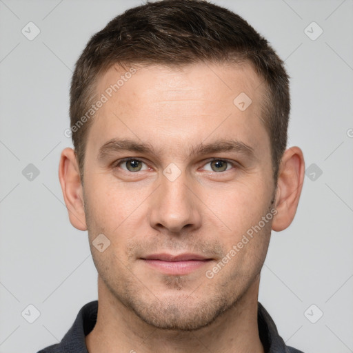 Neutral white young-adult male with short  brown hair and grey eyes