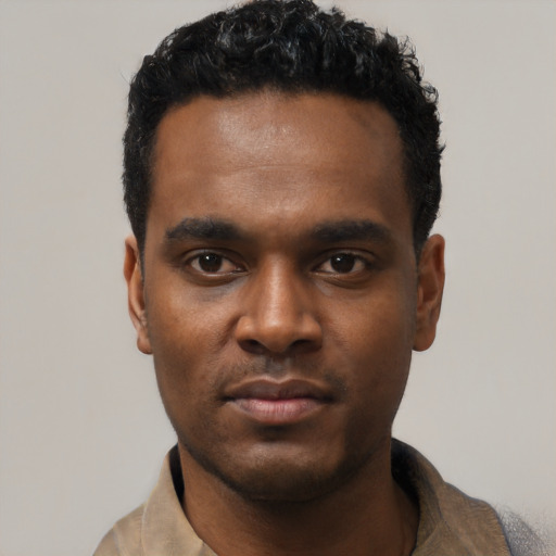 Neutral black young-adult male with short  black hair and brown eyes