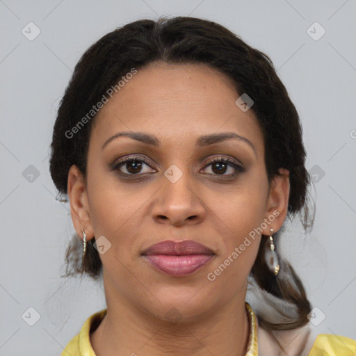 Joyful latino young-adult female with medium  brown hair and brown eyes