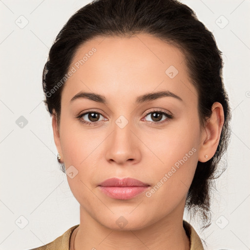 Neutral white young-adult female with medium  brown hair and brown eyes