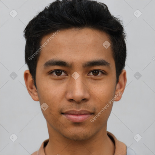 Neutral asian young-adult male with short  black hair and brown eyes