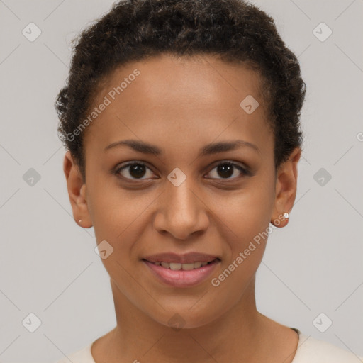 Joyful latino young-adult female with short  brown hair and brown eyes