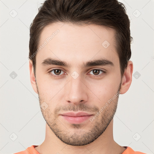 Neutral white young-adult male with short  brown hair and brown eyes