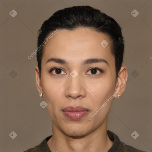 Neutral latino young-adult female with short  black hair and brown eyes