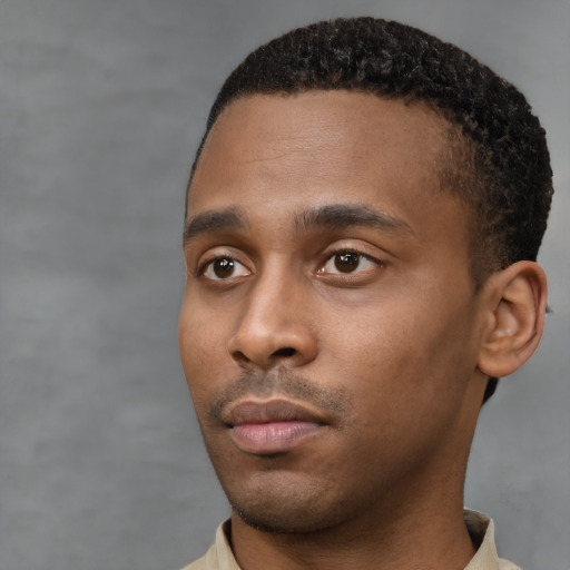 Neutral black young-adult male with short  black hair and brown eyes
