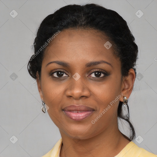 Joyful black young-adult female with medium  black hair and brown eyes