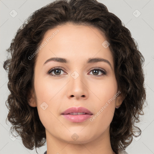 Neutral white young-adult female with medium  brown hair and brown eyes