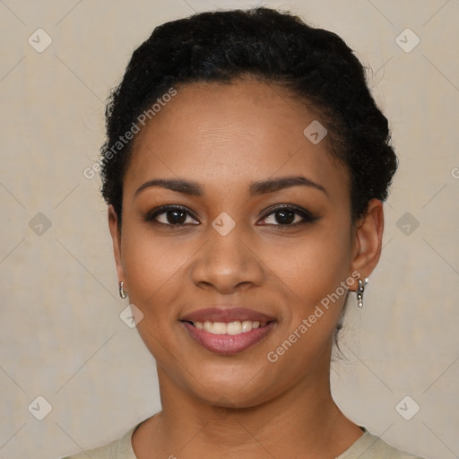 Joyful latino young-adult female with short  black hair and brown eyes