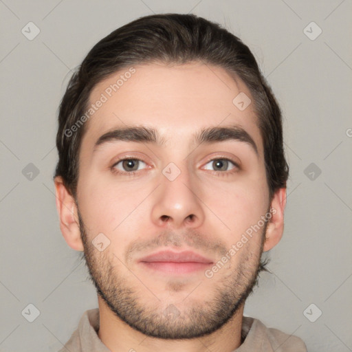 Neutral white young-adult male with short  brown hair and brown eyes