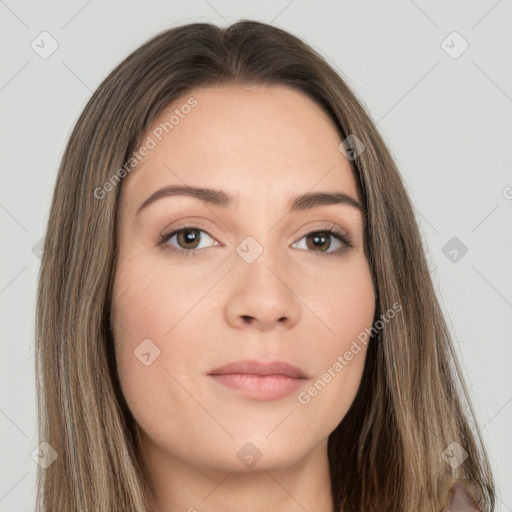 Neutral white young-adult female with long  brown hair and brown eyes