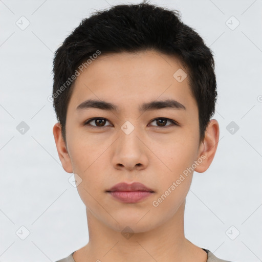 Neutral asian young-adult male with short  black hair and brown eyes