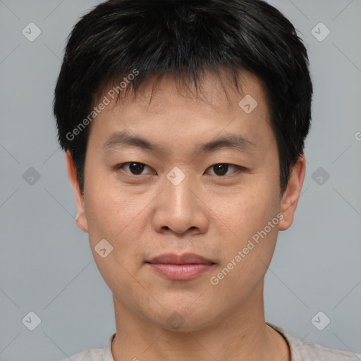 Neutral asian young-adult male with short  black hair and brown eyes